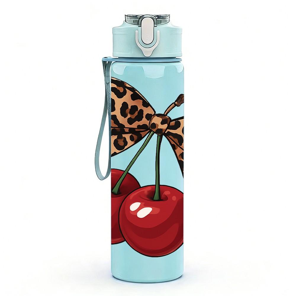 1PC Cherry Fruit Leopard Bow Print 750ml Color Plastic Sports Water Bottle Leakproof Flip Straw Lid Suitable for Sports Office Home Use