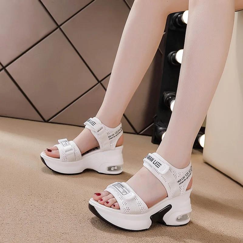 8CM New Air Mesh Breathable New Women Sandals Comfy Shoes Fashion Summer Fish Toe Platform Wedge High Hidden Heels Ladies
