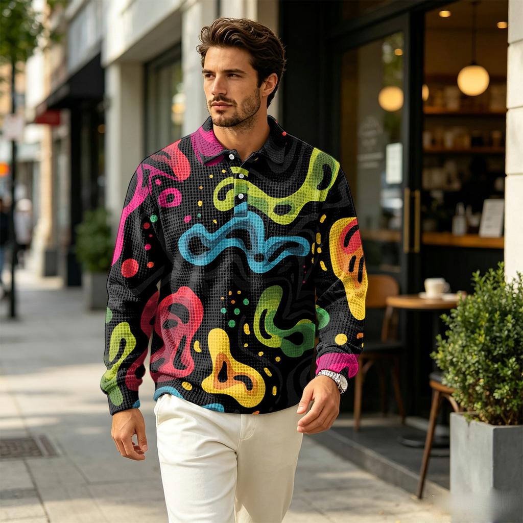 Men's Pullover Long Sleeve Top with Collar and Pocket, Fall Outdoor Casual Printed Shirt