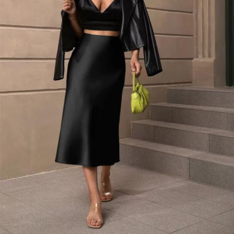 Solid Casual Loose Fishtail Skirt Women Fashion Elegant Slim Fit Satin Loose Skirts for Women Spring and Summer A Line High Waist Woman Skirt 26441