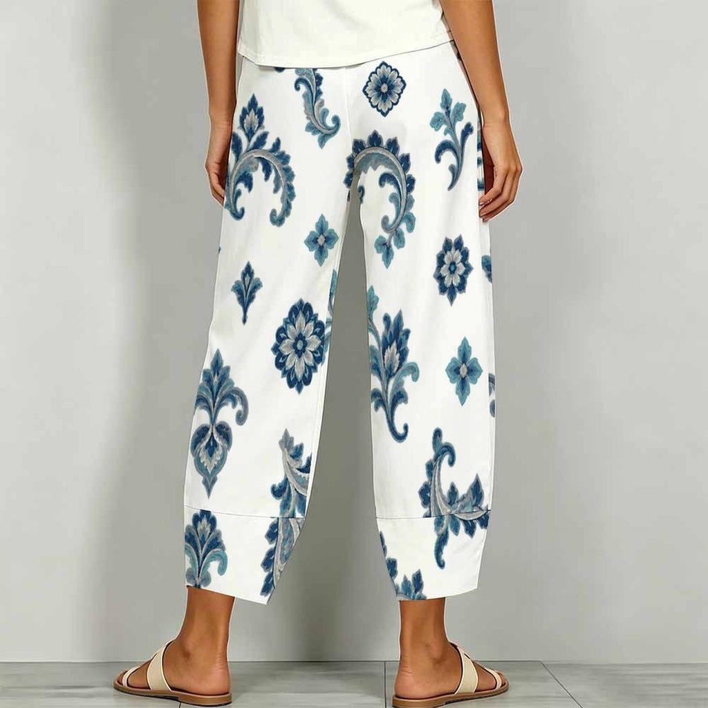 Women Plus Size Loose Printed Cropped Pants Navy Blue Cross Hem With Pockets