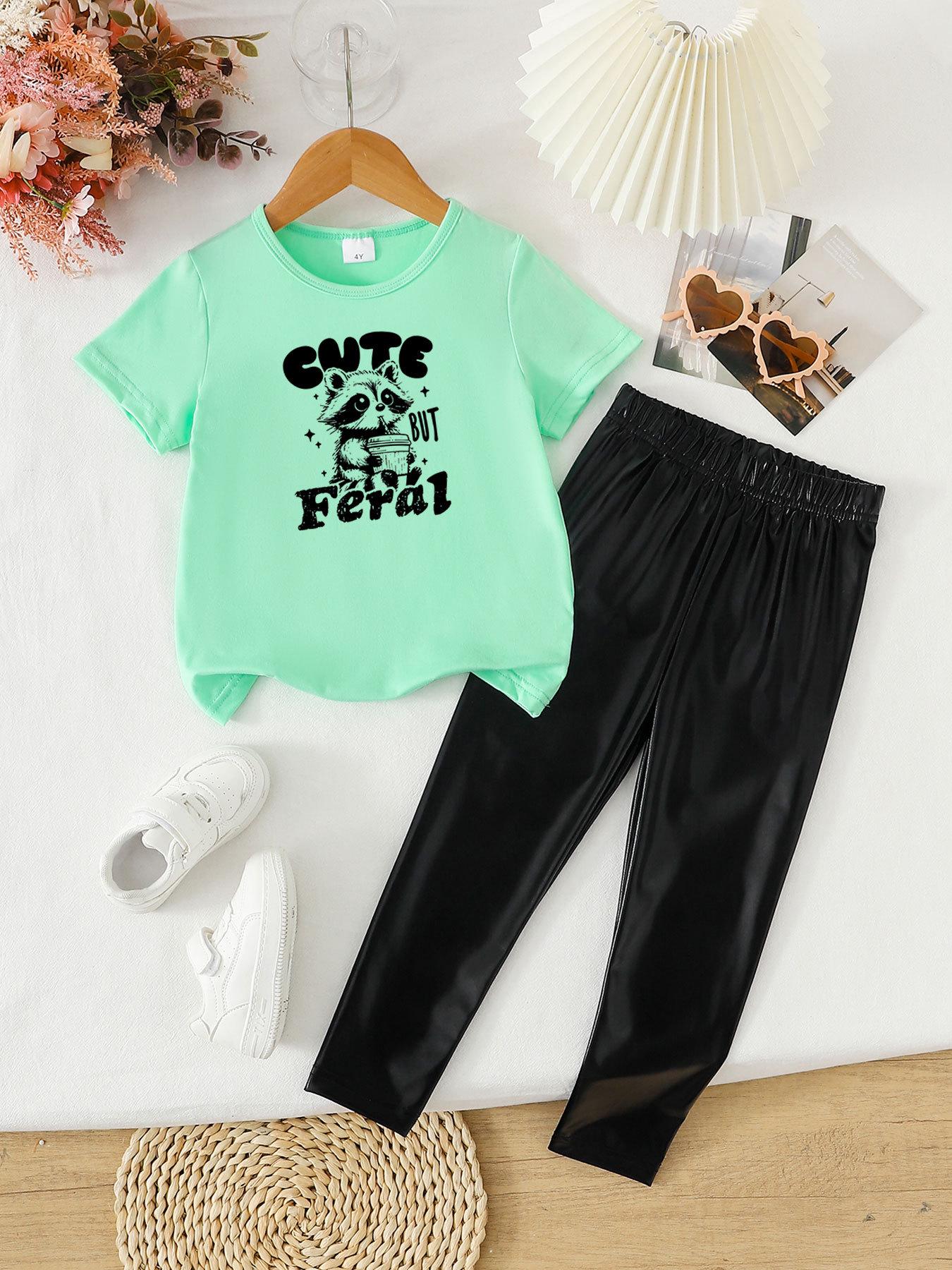 Summer Girls  Casual Two-Piece Set: Short Sleeve Top & Printed Long Pants 2-3 Years
