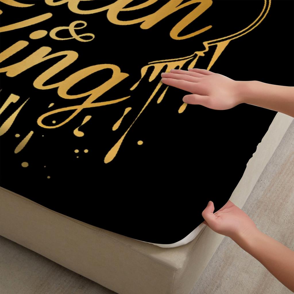 Queen And King Fitted Sheet Set Black Gold Crown Print Bedding With Pillowcases For Couples Bedroom