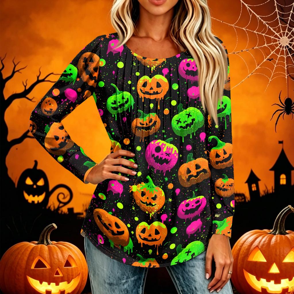 Women's Casual Long Sleeve T-Shirt Pleated Round Neck Halloween Pumpkin Print Top Lightweight Comfortable Fit