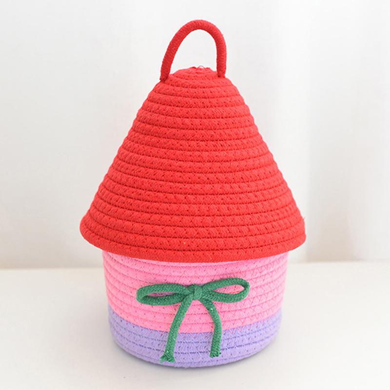 Cartoon Hausform Baumwollseil Gewebter Aufbewahrungskorb mit Deckel Großes Fassungsvermögen Niedlich Schlafzimmer Aufbewahrung Spielzeugkörbe Staubdichte Aufbewahrungen