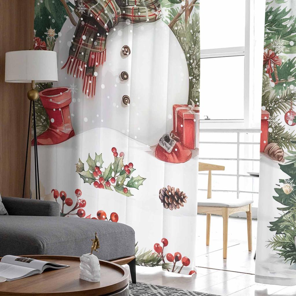 Christmas Winter Snowman Tree Poinsettia Sheer Curtains Modern Gauze Curtain for Living Room Bedroom Voile Yarn Curtains