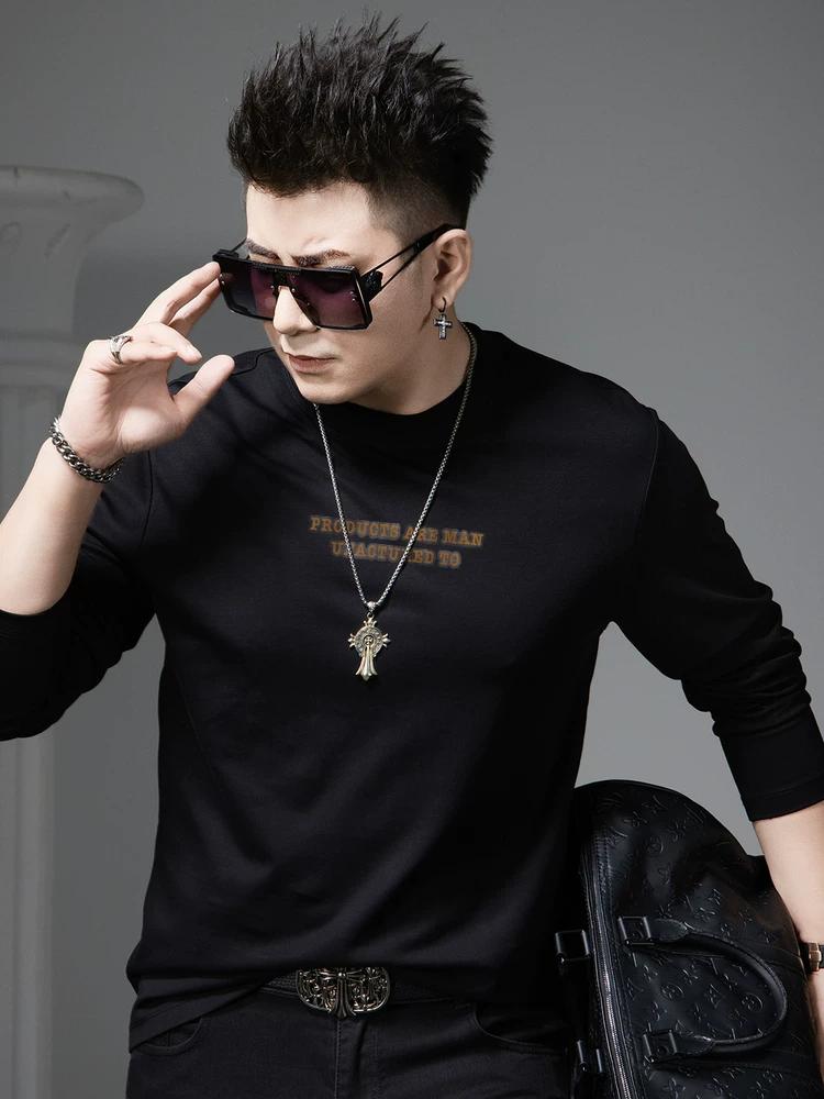 

European Station 2025 New Men s Long-Sleeve T-Shirt Trendy Versatile Round-Neck Base Shirt Autumn Fashion Brand Printed Top XL чёрный