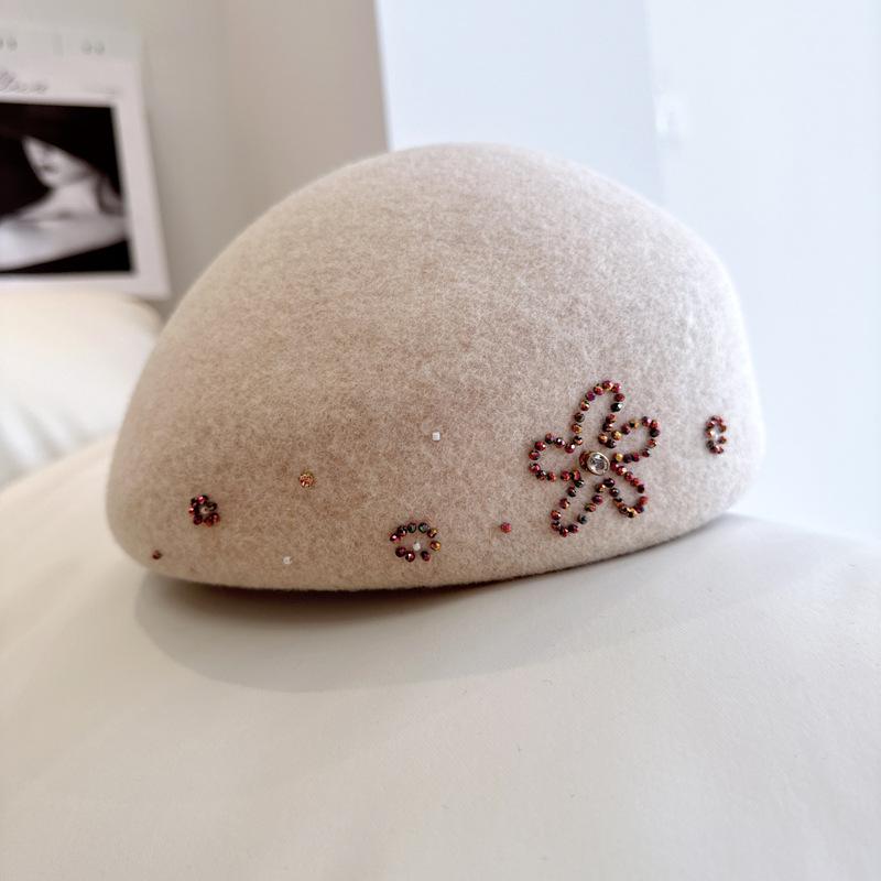 Japanese Hand-Sewn Flower Beret Women Autumn Winter Australian Wool Woolen Felt Hat Sweet Painter Hat Temperament Stewardess Hat