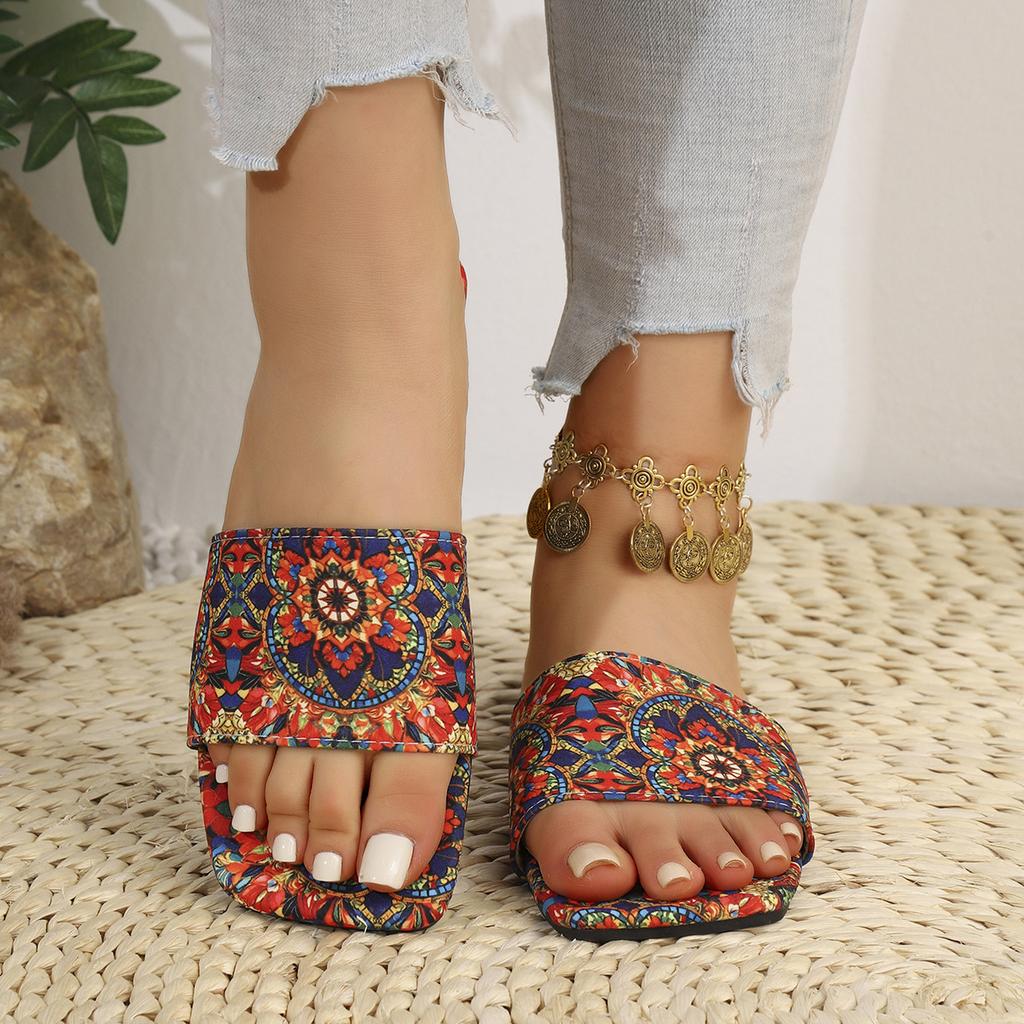 Large Size Flat Sandals for Women, Ethnic Style Summer Breathable Printed Open-toe Slippers, Roman Style Flip-flops