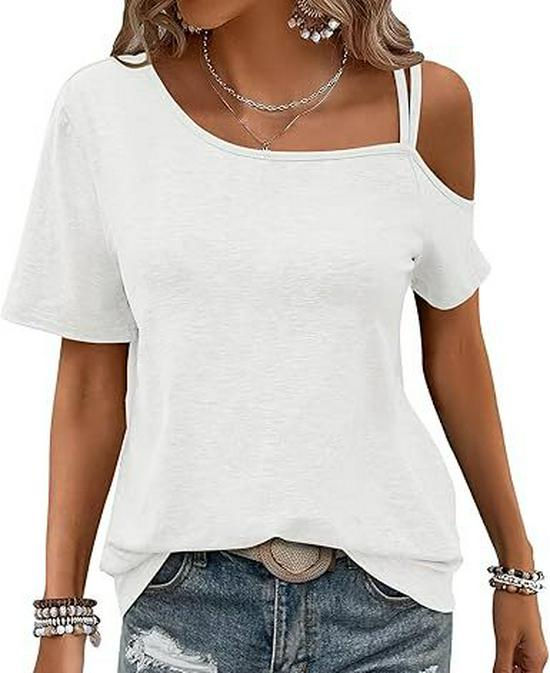 

Европейская и американская женская трансграничная мода 2025 года: Рубашка однотонная с короткими косыми рукавами и Т-образным плечом L