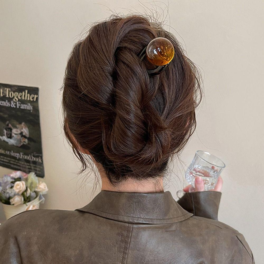 Korean Style Bead Hair Stick Acrylic Pan Hair Fork Elegant U-shaped Hairpin Girls