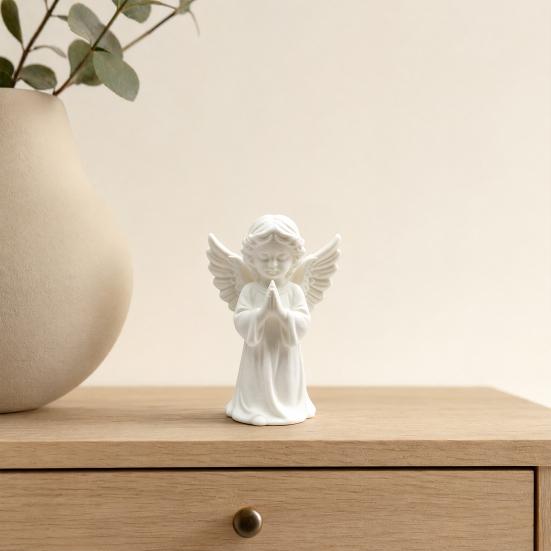 DYS 3D Printed Praying Angel Statue, Elegant Matte White Cherub Figurine with Detailed Wings, Durable Minimalist Ornament for Living Room Decor