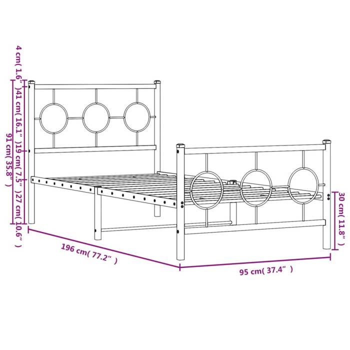 VidaXL Metal Bed Frames with Headboard Footboard, Single Bed with Slat Base, Adult Bed with Bedroom Foot, 376285