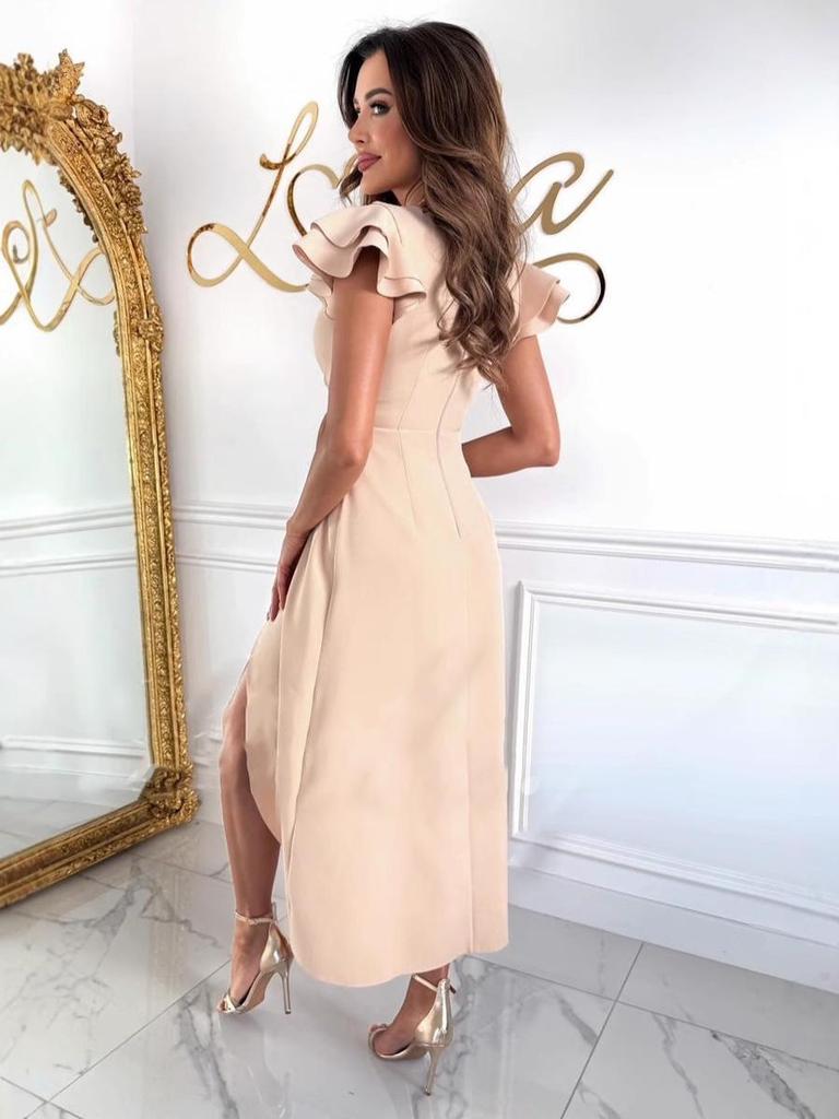 Dámské letní nepravidelné šaty s véčkovým výstřihem, stahováním v pase a nabíranými rukávy 2025