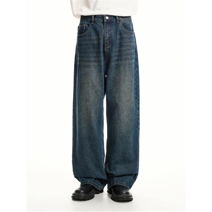 Jeans Autunnali a Gamba Dritta da Uomo Lavati Casual alla Moda di Marca Senso del Design High Street, Robusti e Belli Retrò con Pieghe a Lunghezza Pavimento