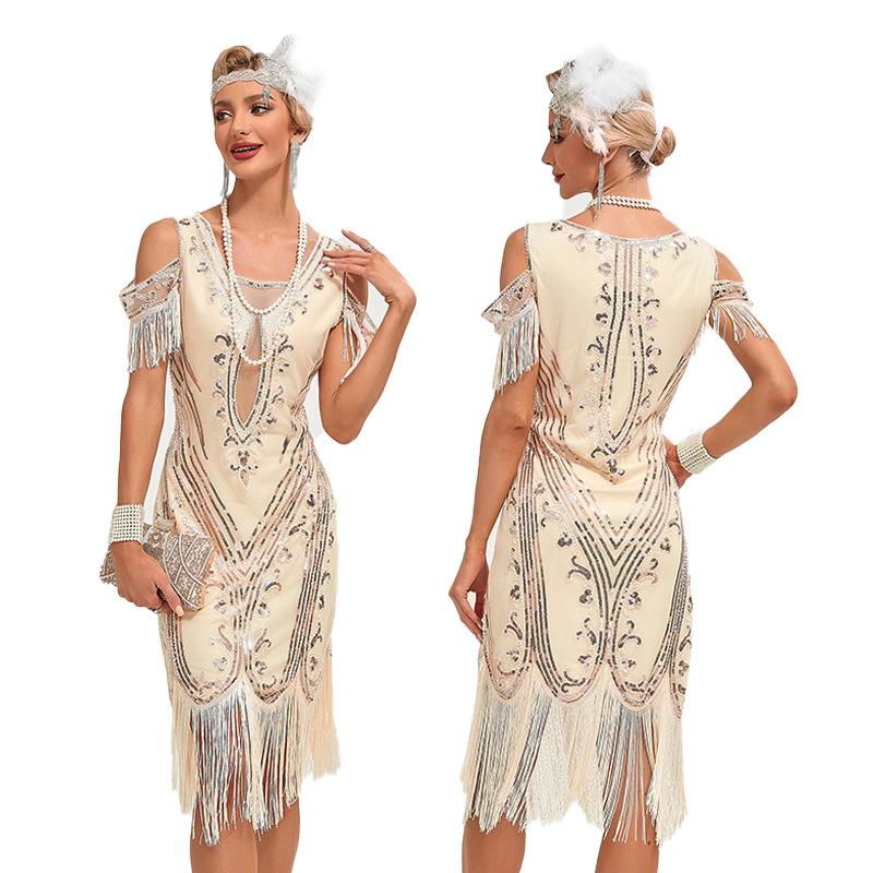 Vintage Prom Embroidered Tassel Dress Cocktail Party Plus Size Sequin Beaded Mesh Dress