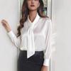New Loose Long Sleeve Tie Office Women's Blouse 2026 Spring Fashion Casual Simple Shirt Chic V Neck Solid Color Elegant Lady Top Clothes