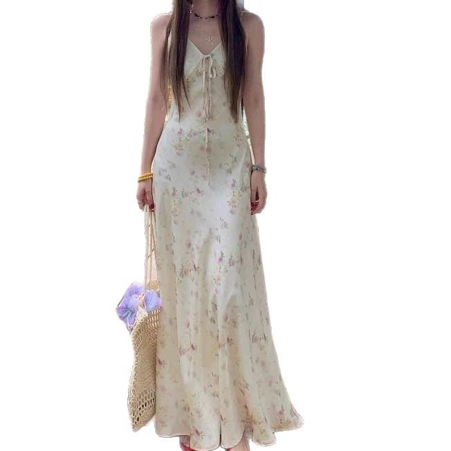 French Retro Floral Tea Break Skirt Women's Summer New Waist Pinch To Cover the Meat and Show Thinness V-neck Design Suspender Dress