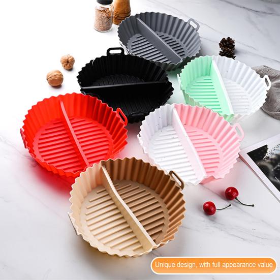 Round Silicone Fryer Liner Dual Handles Non Stick Food Grade Heat Resistant Dishwasher Safe Reusable Oven Baking Tray Basket Bowl Kitchen Supplies