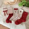 Winter and Autumn Warm Red Wool Women's Socks with Bow Ties, Cute Cartoon New Year-style Socks