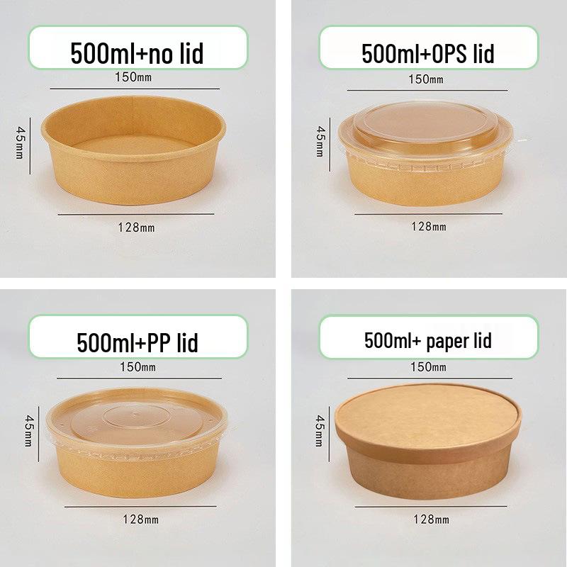 Disposable Kraft Paper Lunch Box Set - 50 Round Bowls with Lids, High-Temperature Resistant, Food-Grade Takeout Containers