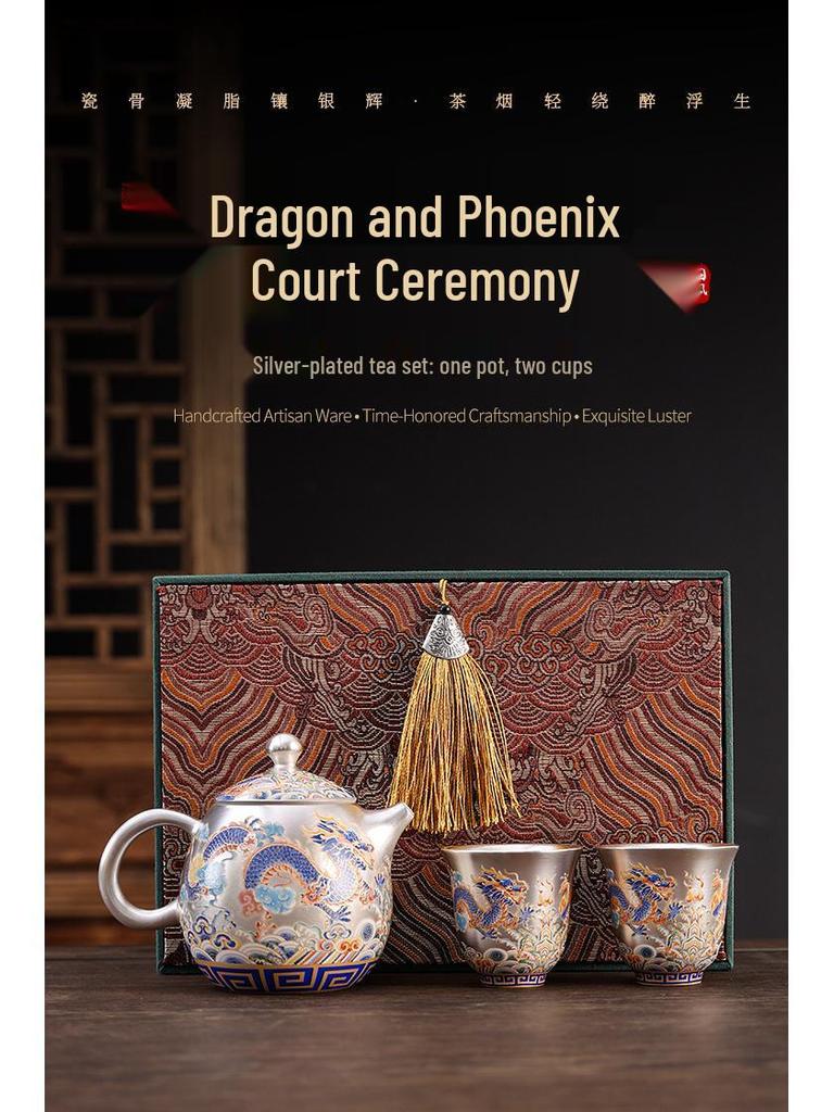 Luxury Dragon & Phoenix Silver-Plated Tea Set: One Pot, Two Cups, Dragon Egg Infuser, Gift Box Included
