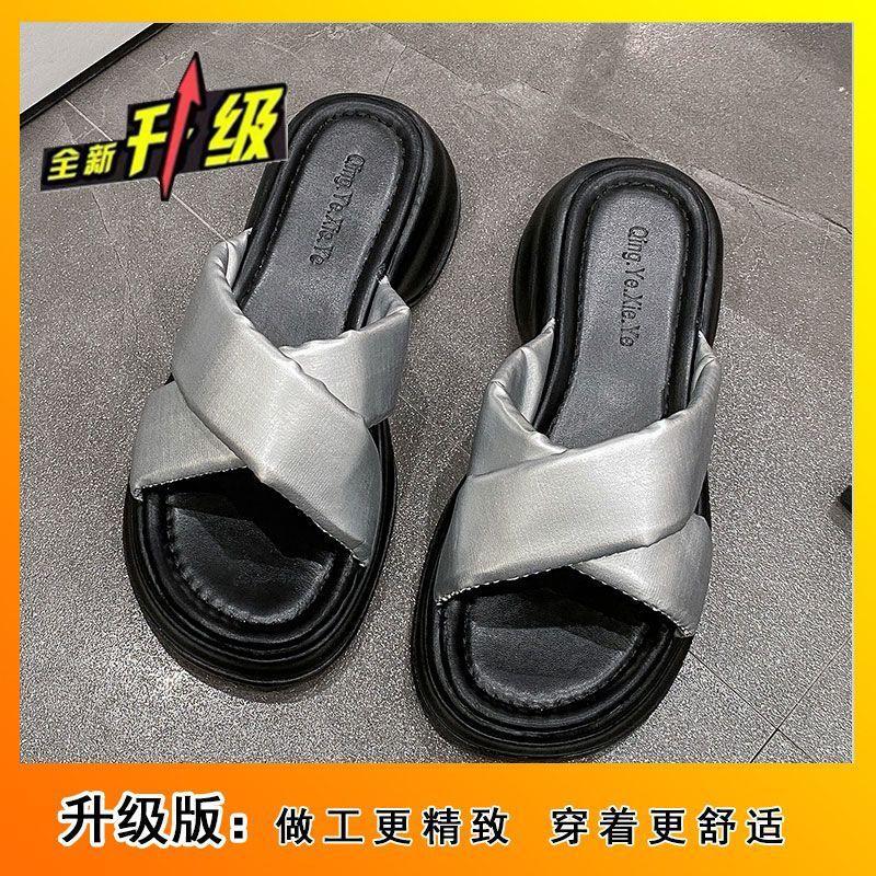 thick-soled cross-over with cool slippers to wear outside 2025 summer new solid color fashion beach silver versatile muffin sandals