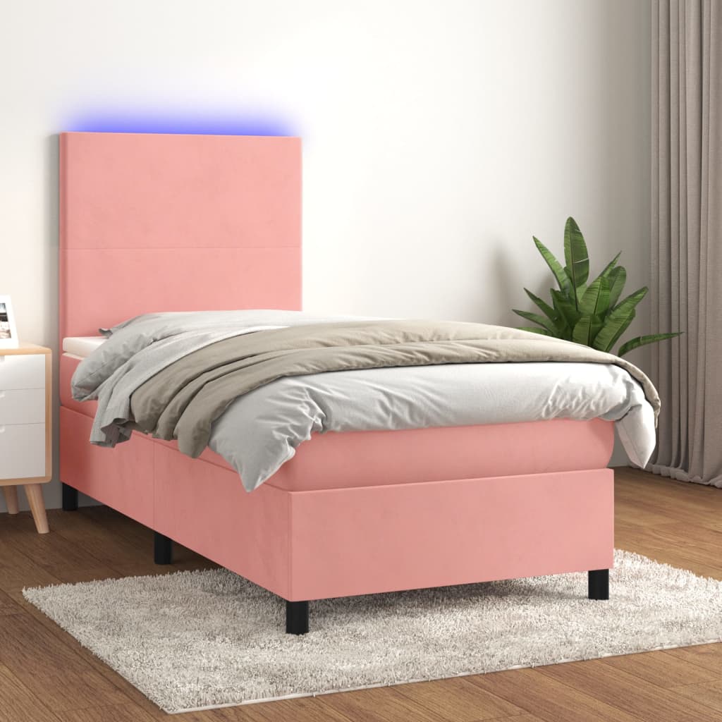 Box Spring Bed with Mattress & LED Light Pink 90x200 cm Velvet