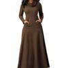 Ladies Style Autumn and Winter Solid Color Stitching Pocket Bib and Big Swing Long Dress EMA