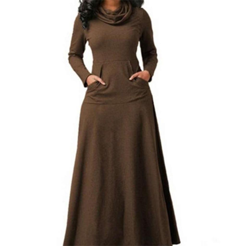 Ladies Style Autumn and Winter Solid Color Stitching Pocket Bib and Big Swing Long Dress EMA