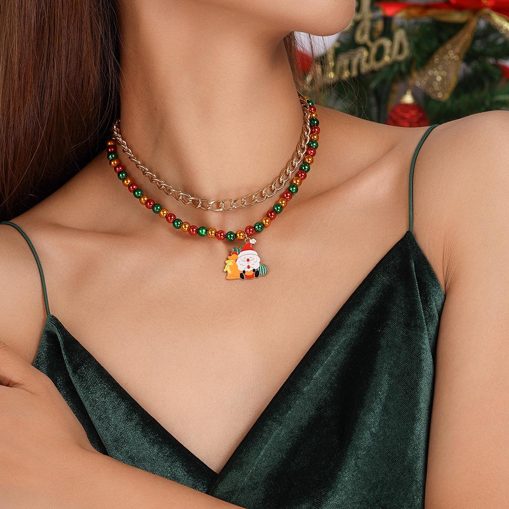 Elegantes Perlen-Quasten-Halskettenset mit Weihnachtsmann und Weihnachtsbaum