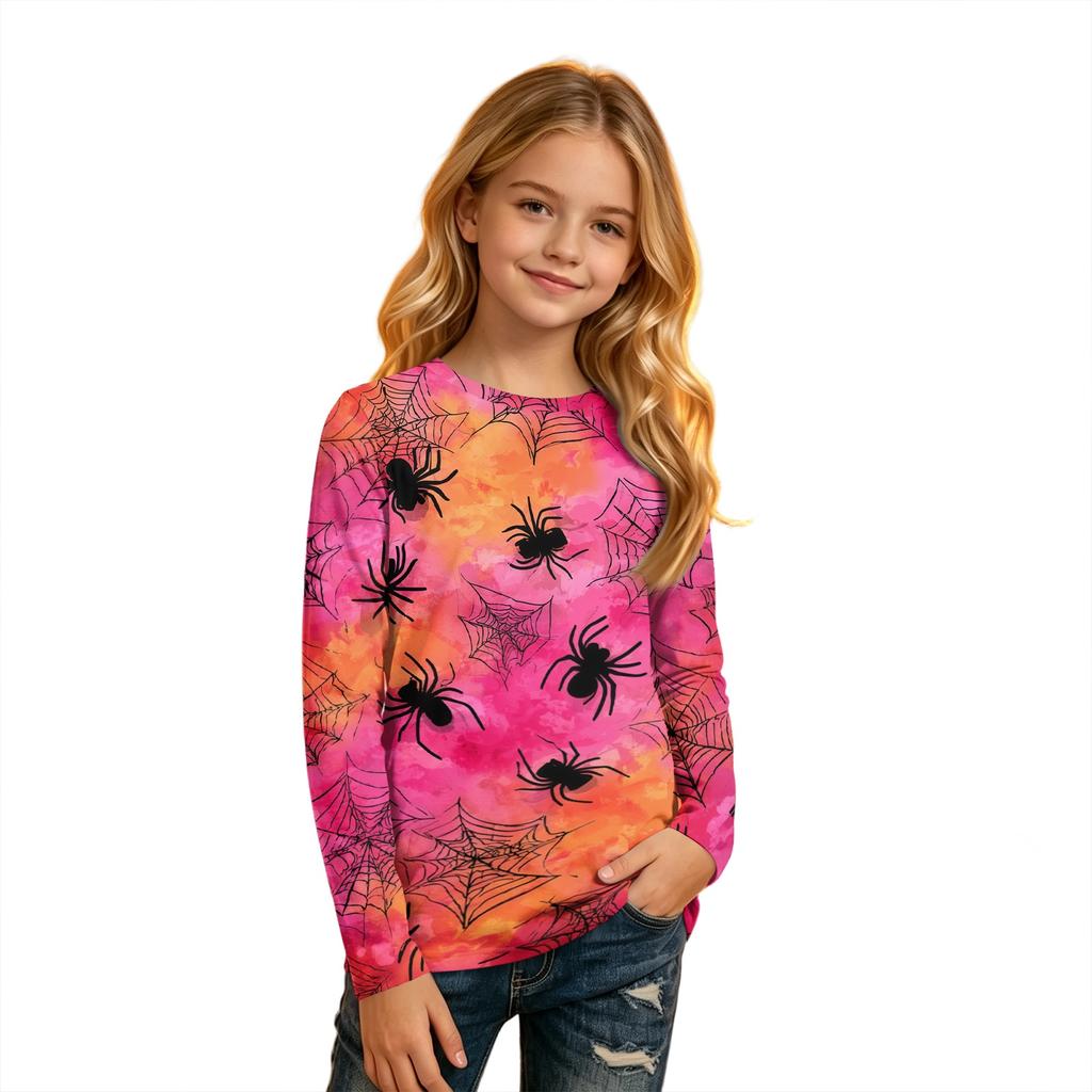 Kids Long Sleeve T-Shirt with Halloween Print, Round Neck, for Boys and Girls