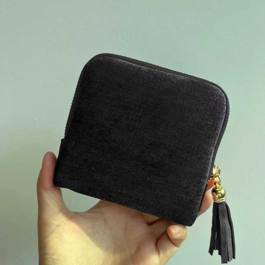 Soft Velvet Jewelry Pouch Multiple Inner Compartments Tassel Zipper For Travel Daily Use Storing Rings Earrings Necklaces
