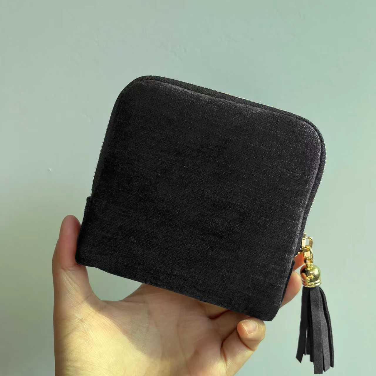 Soft Velvet Jewelry Pouch Multiple Inner Compartments Tassel Zipper Water Resistant Portable Organizer for Outdoor Travel A6