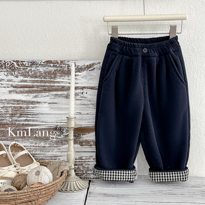 

Детские брюки прямого кроя на флисовой подкладке: Осень 2025 Клетчатый лоскутный дизайн для мальчиков и девочек 130 cm королевский синий