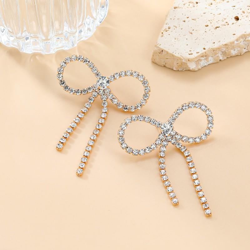 Sparkling Claw Chain Bow Tassel Earrings Women Gold Alloy Stud Drop Wedding Party Jewelry