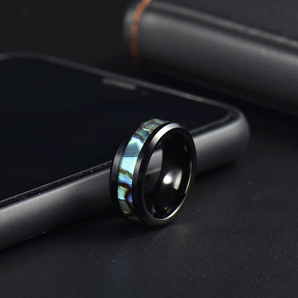 Fashion 8mm Men's Black Stainless Steel Ring Colorful Abalone Shell Inlay Beveled Edged Titanium Ring Men's Wedding Band