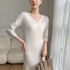 Women's Mid-length V-neck Cashmere Sweater Dress - Slim Fit, Medium Sleeves