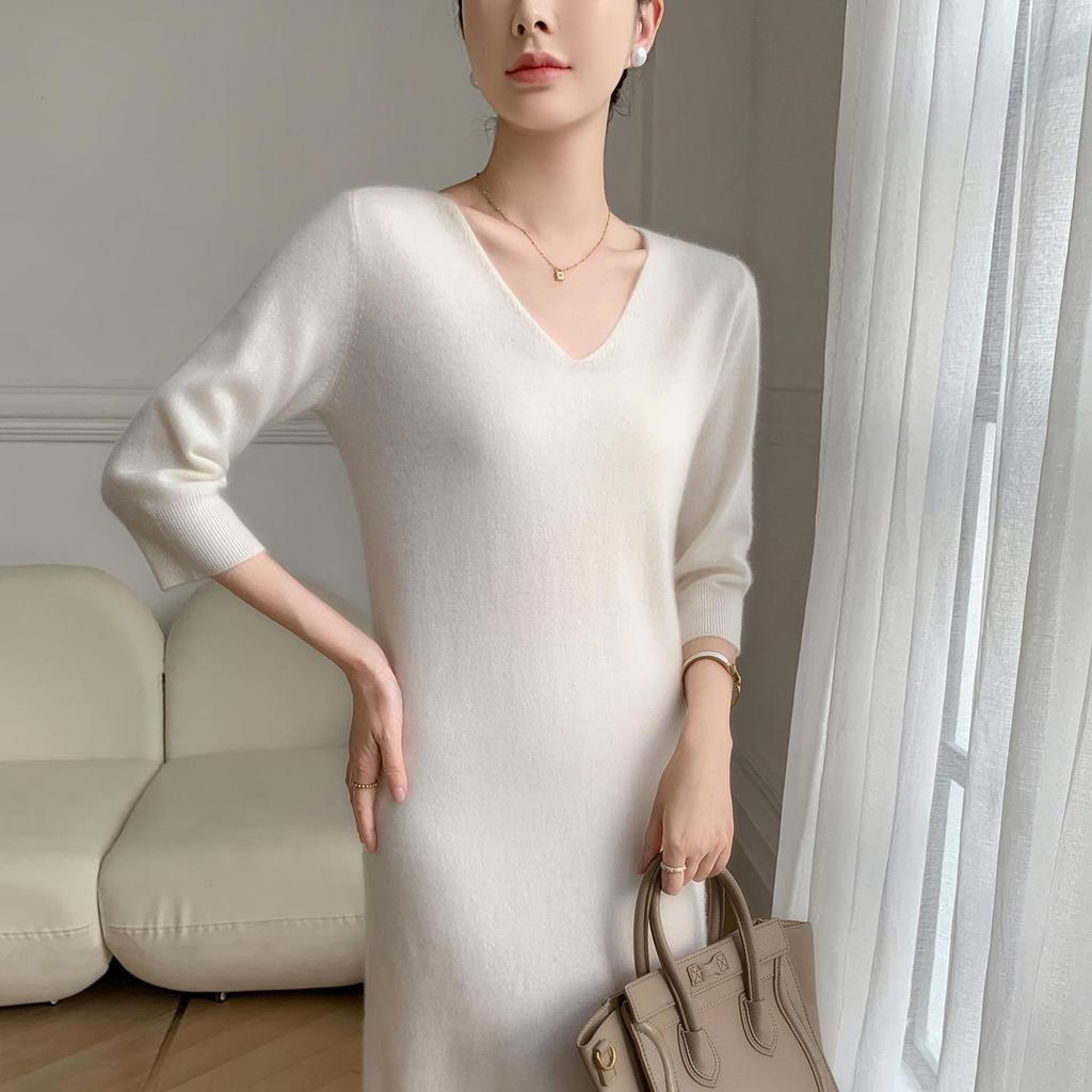 Women's Mid-length V-neck Cashmere Sweater Dress - Slim Fit, Medium Sleeves