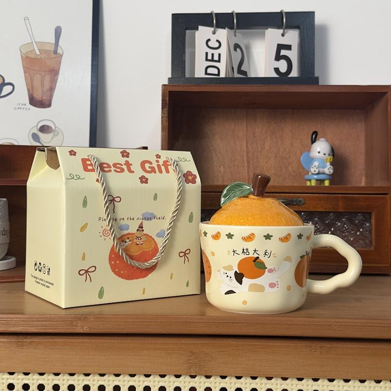 Daji Dali Orange Ceramic Cup with Lid Cute Cat Mug New Year Gift Coffee Cup Office Water Cup