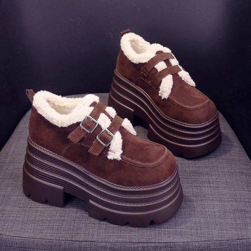 10CM Suede Cow Genuine Leather Platform Wedge Winter Plush Autumn Boots Spring Women Ankle Booties Shoes Chimney