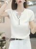 Simple casual semi-open neck knitted short-sleeved t-shirt women's 1116 summer temperament thin versatile bottoming shirt top