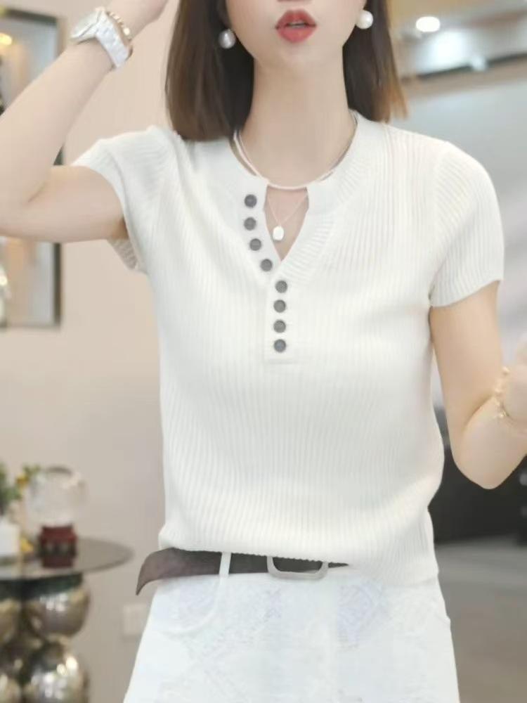 Simple casual semi-open neck knitted short-sleeved t-shirt women's 1116 summer temperament thin versatile bottoming shirt top