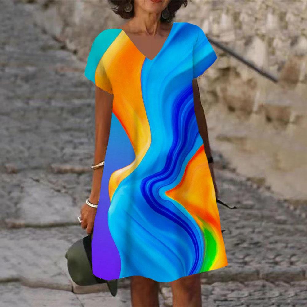 Tie Dye Regenbogenprint Damenkleid Elegant Süß Lässig Kurzarm V-Ausschnitt A-Linie Kleid Sommer Mode Oversized Kleidung Damen