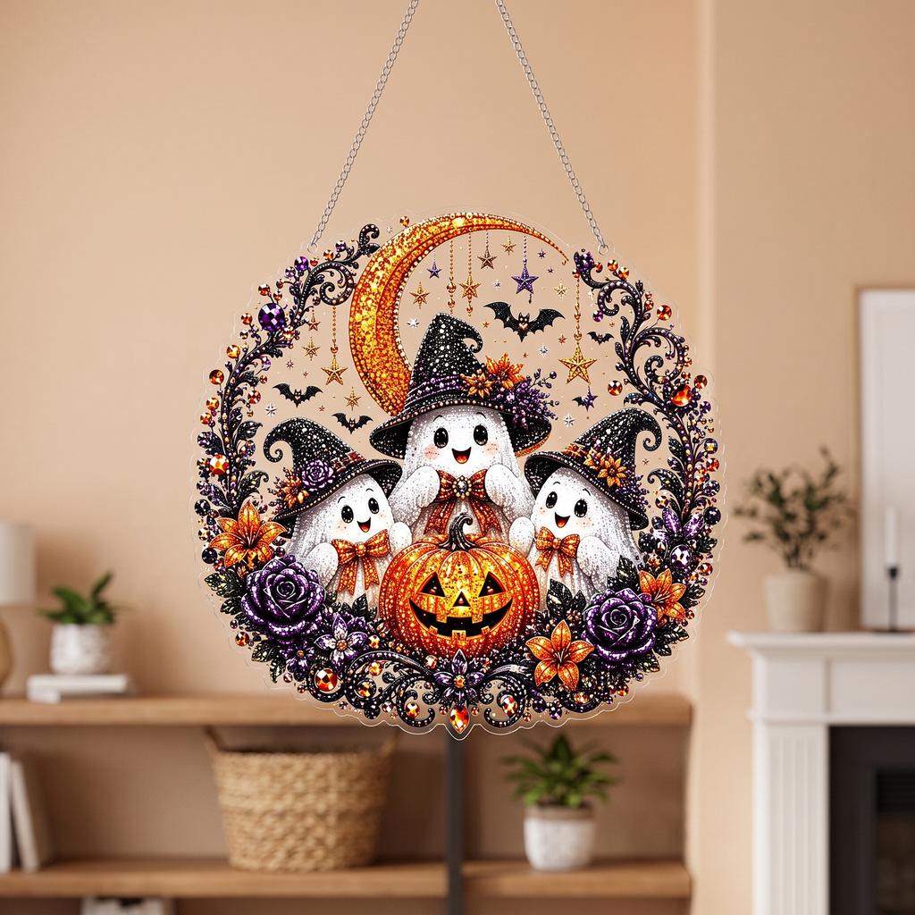 Halloween Diamond Art Hanging Kit - Ghost Trio Halloween Christmas Atmosphere Decoration Home Decor DIY Ornament for Couples and Family Interaction