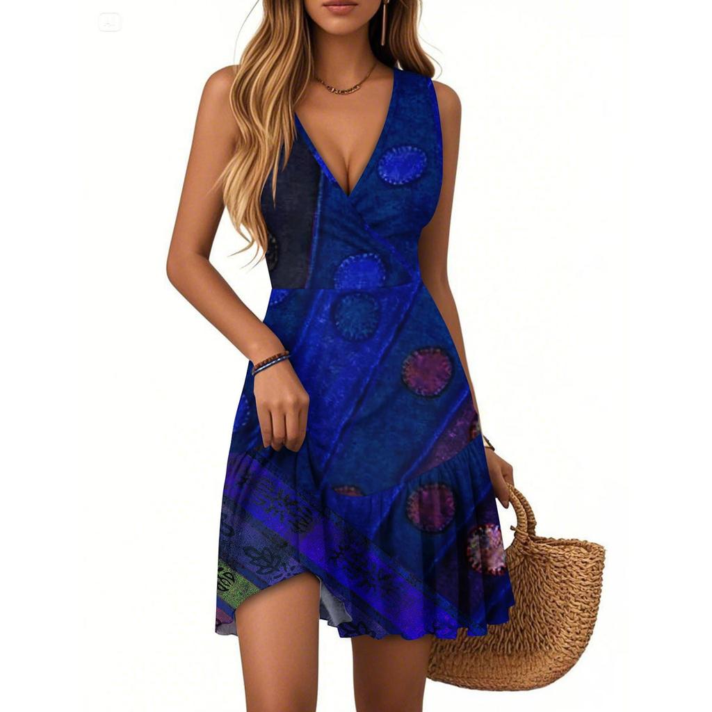 Women's Summer Dress V Neck Sleeveless Casual Textured Print Hem Pleated Dress