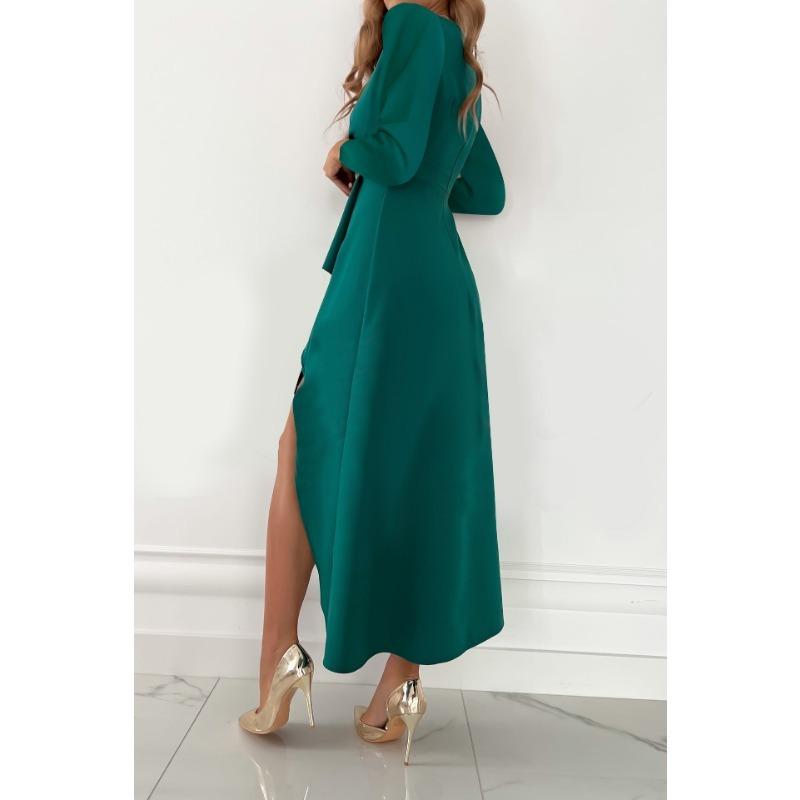 Women Autumn Winter Long Sleeve V Neck Irregular Slit Long Dress