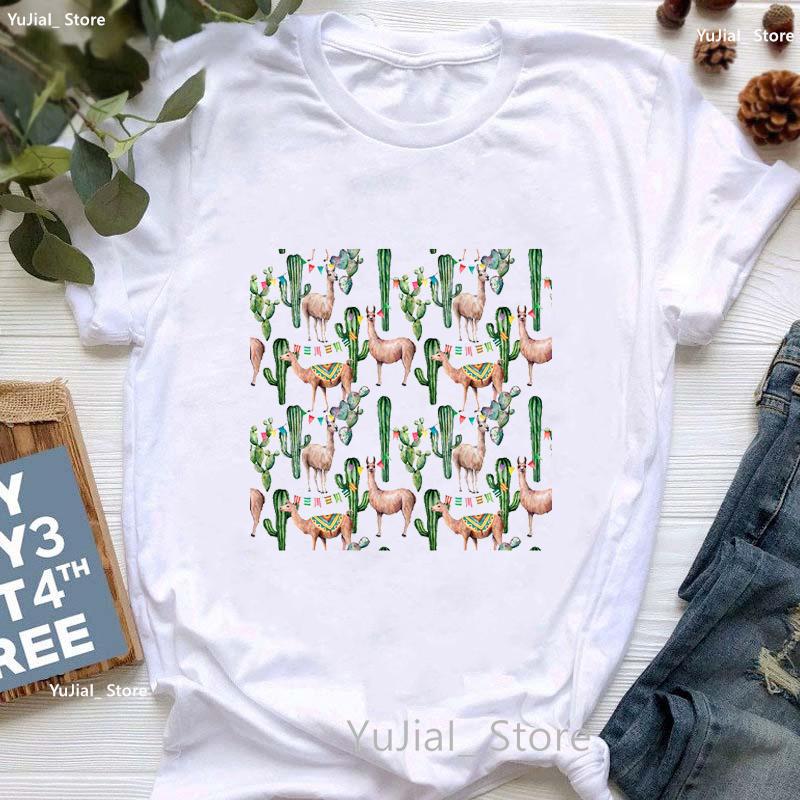 Kawaii Alpaca With Flowers And Coffee Print T Shirt Girls Summer Short Sleeve Tshirt Femme Fashion Tops Tee Shirt Female