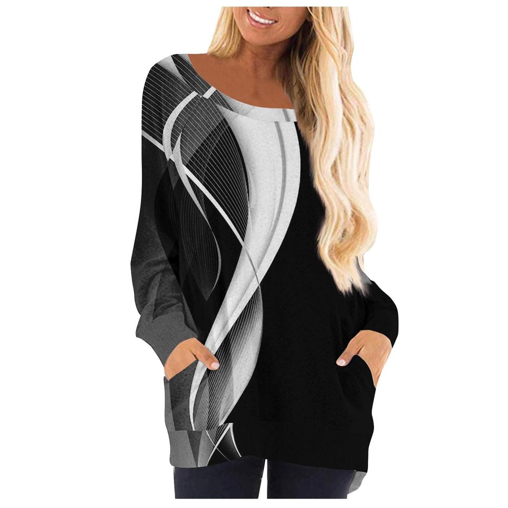 Ladies Fashion Round Neck  Printed T-Shirt Long Sleeve Pullover Sweatshirt Casual Top