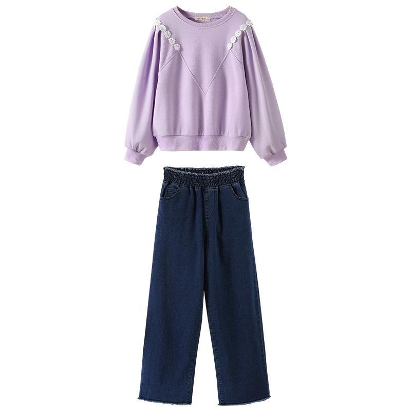 Höst 2025 Flickors Denimset: Sweatshirt & Byxor med vida ben för åldrarna 9-12
